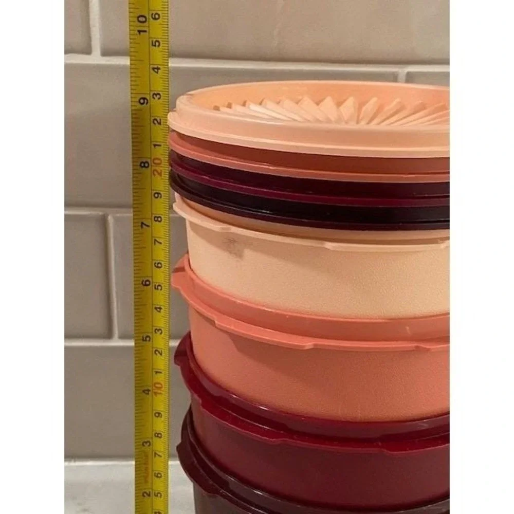 Tupperware Servalier Canister Set 4pc Sunburst Lids Peach Coral Maroon 810-17